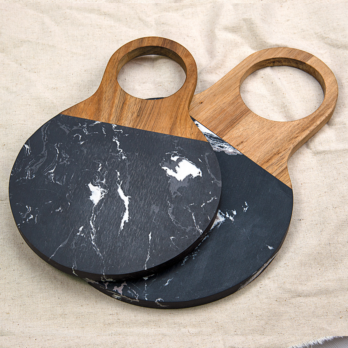 Round Acacia Wood & Marble Cheese Board – Modern Paddle Serving Tray (2 Sizes)